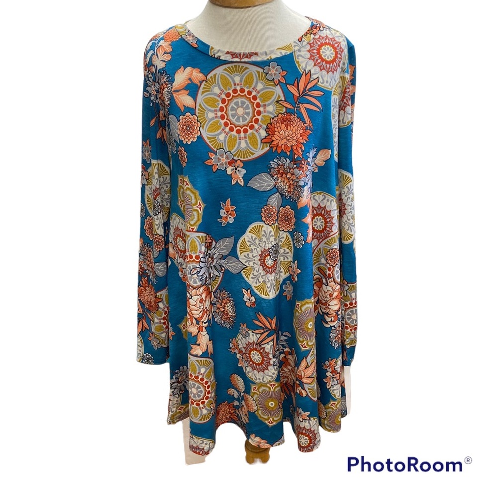 Yee By Umgee Tunic Dress Sz Small Teal Mix Floral Print Boho Long Sleeve Jersey